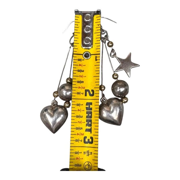 Modernist Signed SU Sterling Silver 925 Heart & Star Dangle Earrings Celestial - Picture 5 of 6